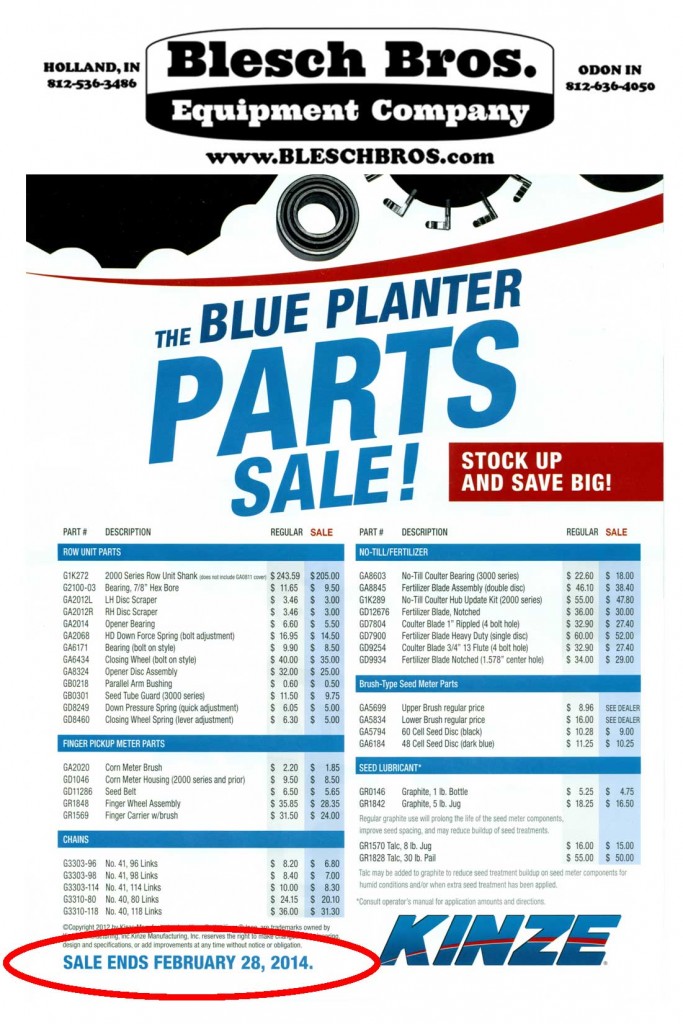 Blesch Bros KINZE parts sale list Dubois County Free Press, Inc.