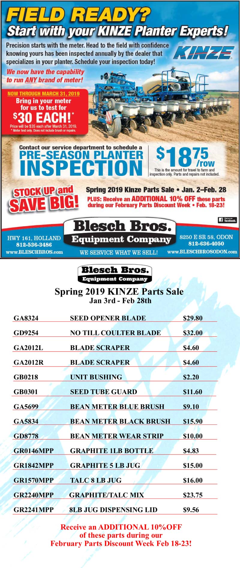 Blesch Bros Equipment Spring 2019 Kinze Parts Sale Dubois County Free