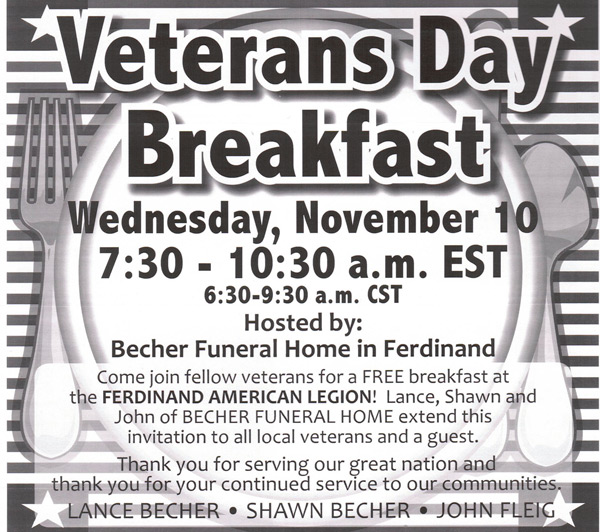 Becher Funeral Home hosting Veterans Day Breakfast at Ferdinand American Legion Dubois County