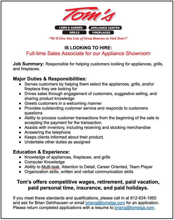 Tom’s Lawn & Garden seeking Sales Associate for Appliance Showroom
