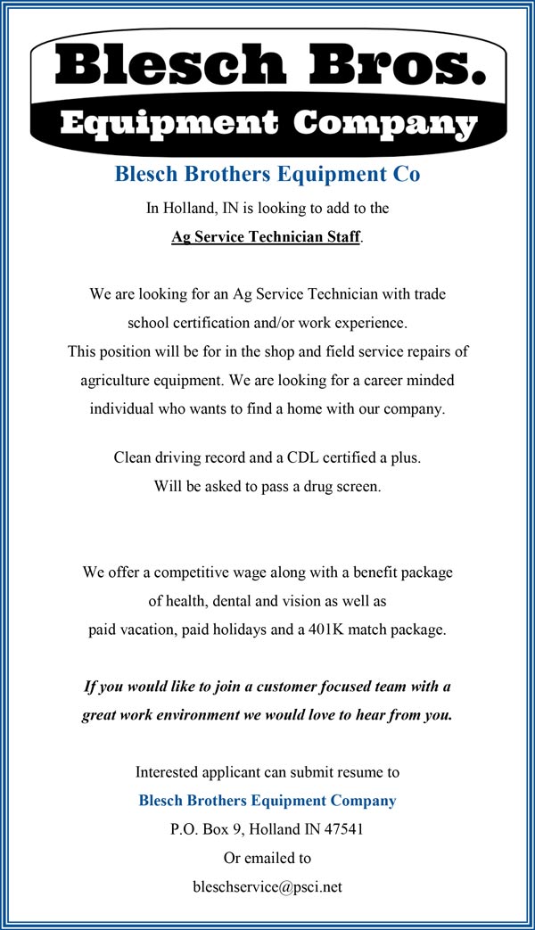 Blesch Brothers Equipment Company seeking Ag Service Technician Staff