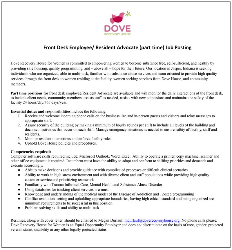 Dove Recovery House seeking Front Desk Employee/Resident Advocate
