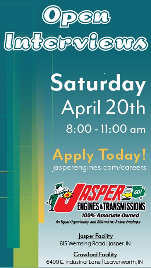 Jasper Engines and Transmissions offering Open Interviews Saturday, April 20, 2024