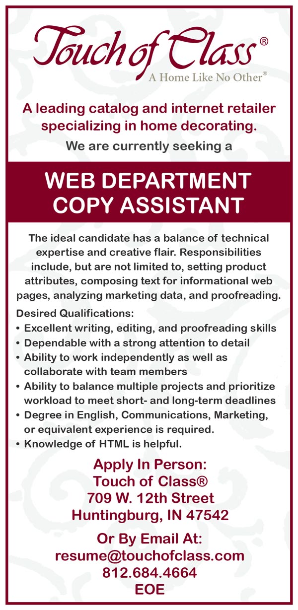 Touch of Class seeking Web Department Copy Assistant